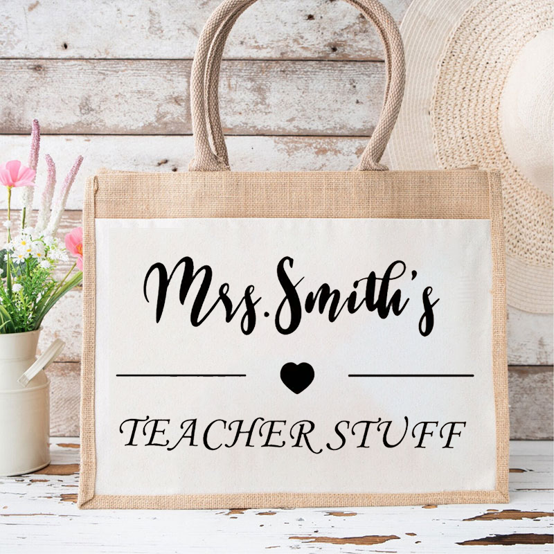 Personalized Name Simple Love Line Teacher Jute Lunch Bag