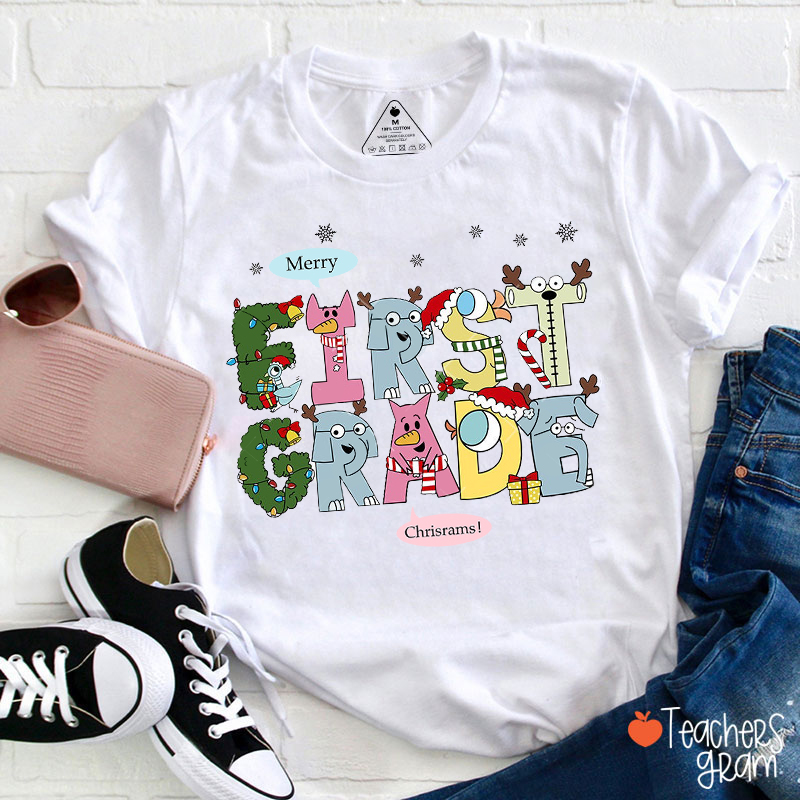 Personalized Grade Cartoon Characters Font Christmas Teacher T-Shirt