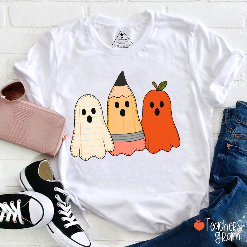 Pencil Notebook Apple Ghosts Teacher T-Shirt