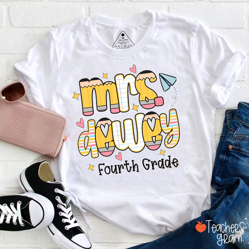 Personalized Name Grade Pencil Notebook Heart Star Paper Plane Teacher T-Shirt