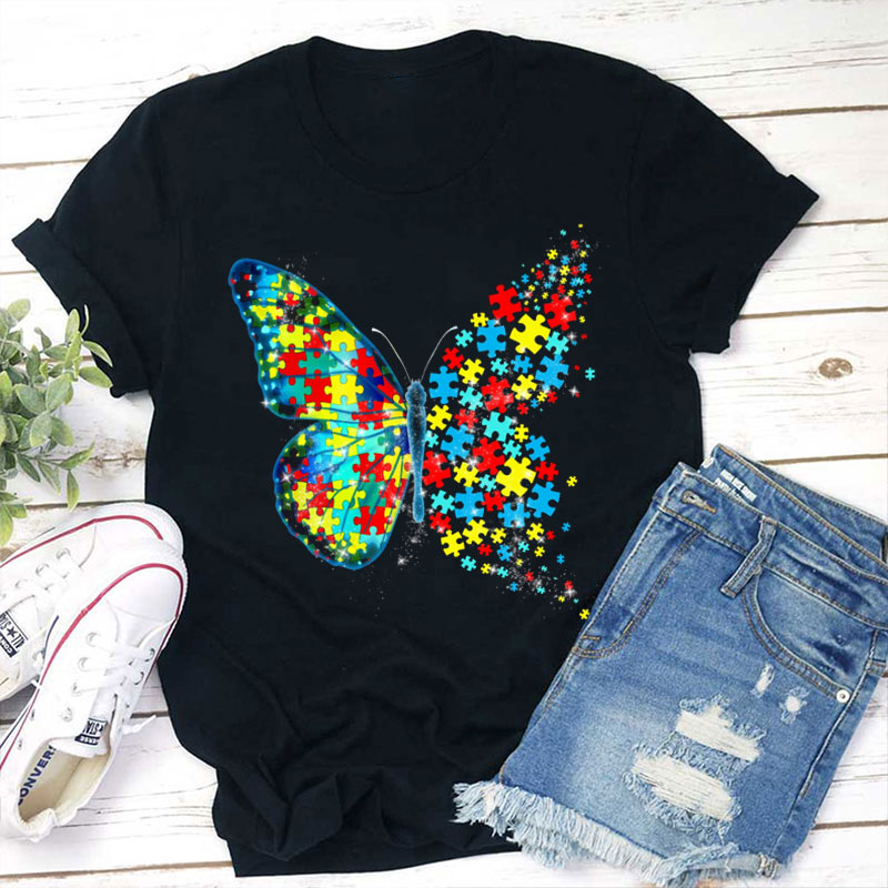 Colorful Puzzle Butterfly Teacher T-Shirt