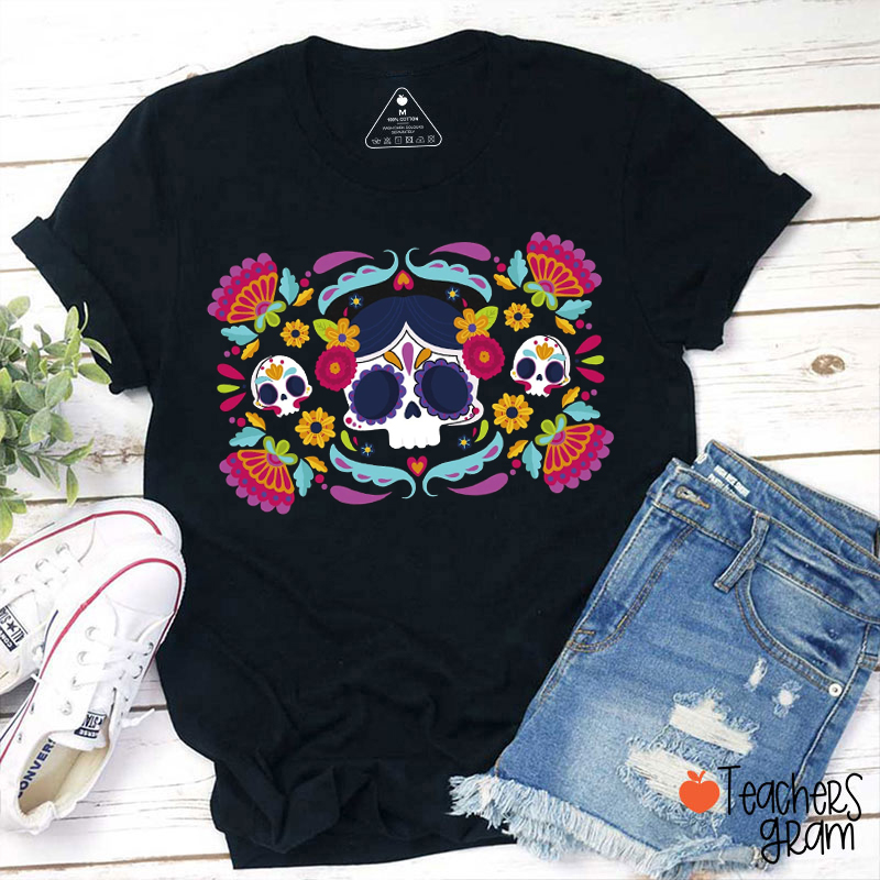 Colorful Floral Skull Dia De Los Muertos Teacher T-Shirt