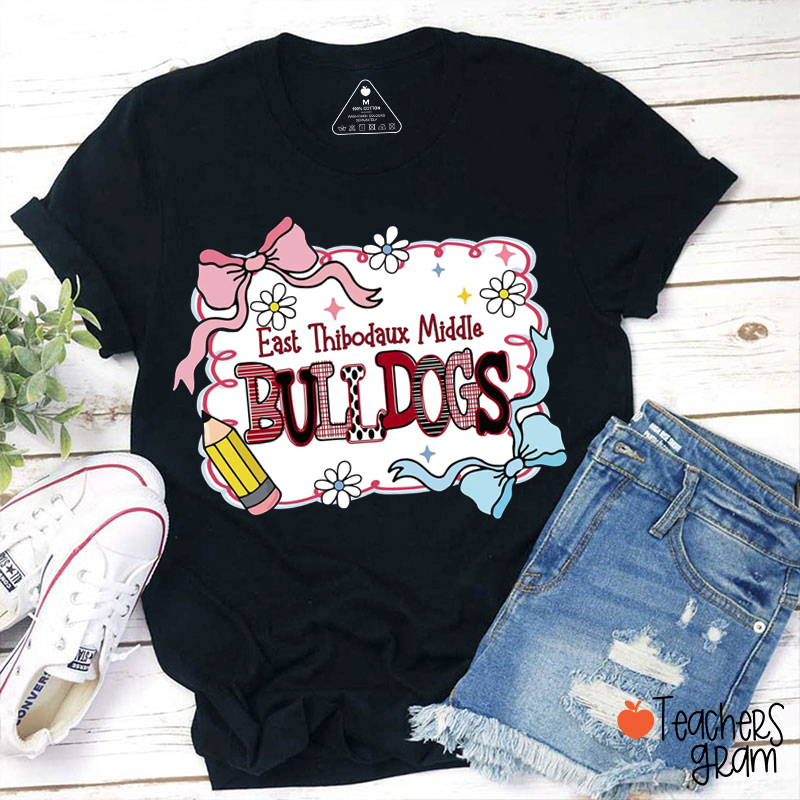 Personalized Mascot And School Cute Bow Pencil Flowers Teacher T-Shirt