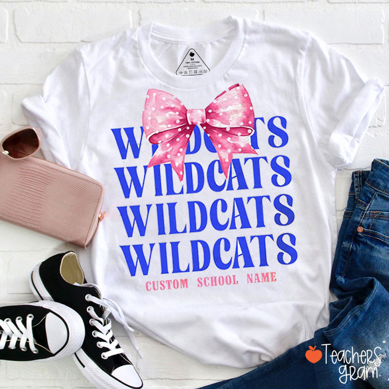 Personalized Mascot Coquette Bow Stacked Text Teacher T-Shirt