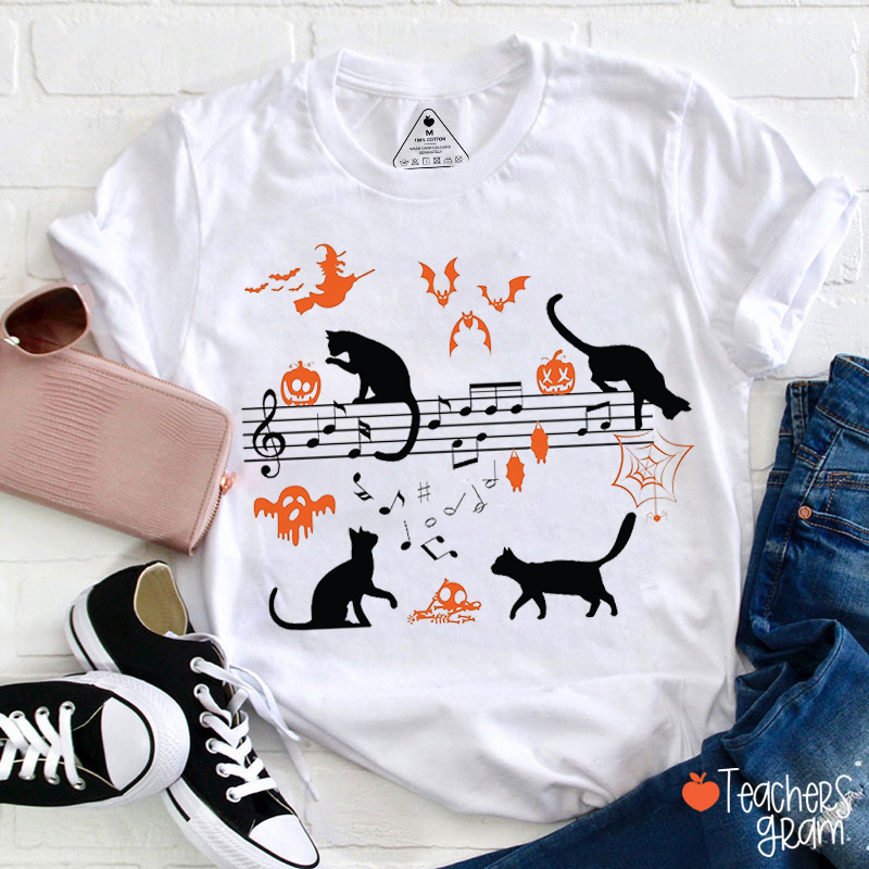 Ghost Cat Music Notes Halloween Teacher T-Shirt