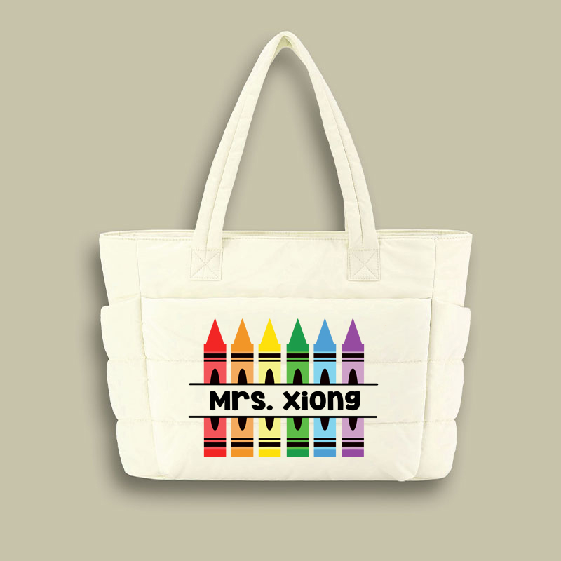 Personalized Pencil Crayon Teacher Puffy Tote Bag