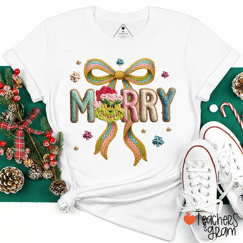 Faux Crochet Merry Christmas Coquette Mean Guy Teacher T-Shirt