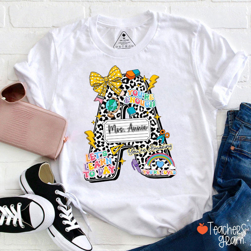 Personalized Name Notebook Style Leopard Teacher T-Shirt