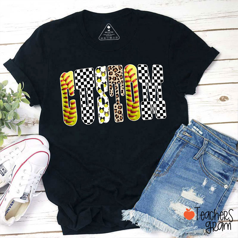 Personalized Checkerboard And Leopard Mixed Pattern Letters Teacher T-Shirt