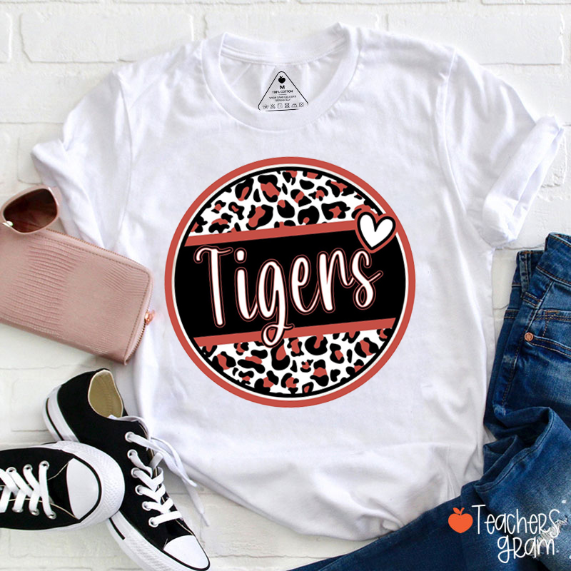 Personalized Mascot Circle Leopard Love School Spirit Teacher T-Shirt