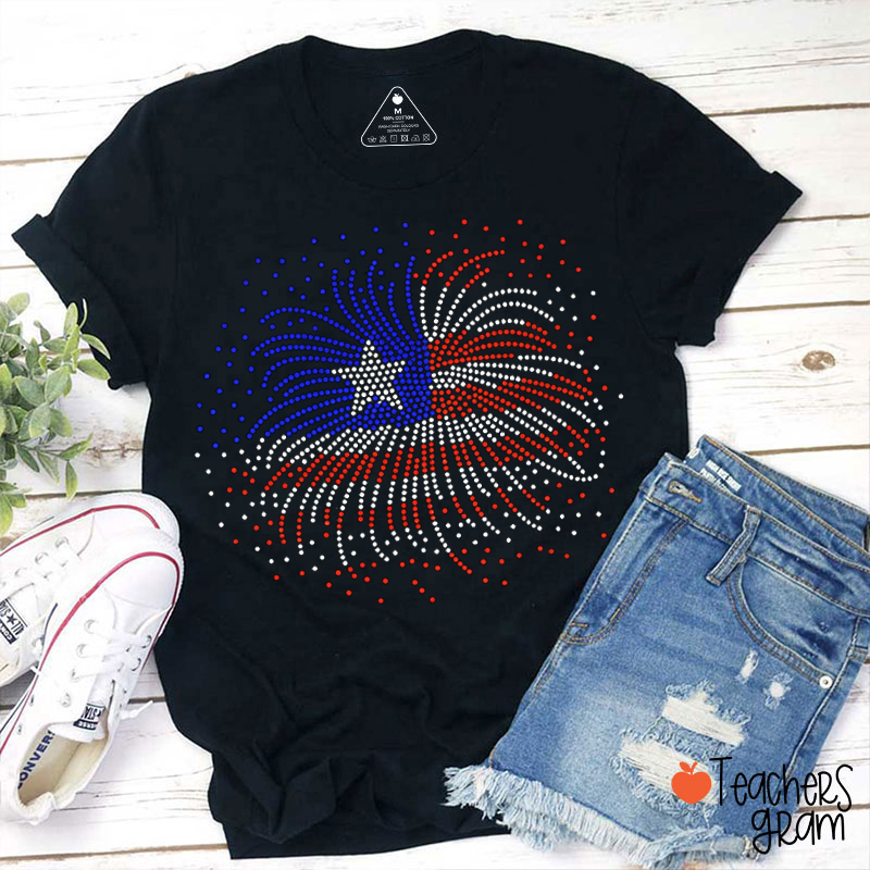 Sparkle Rhinestone Flag Fireworks Teacher T-Shirt