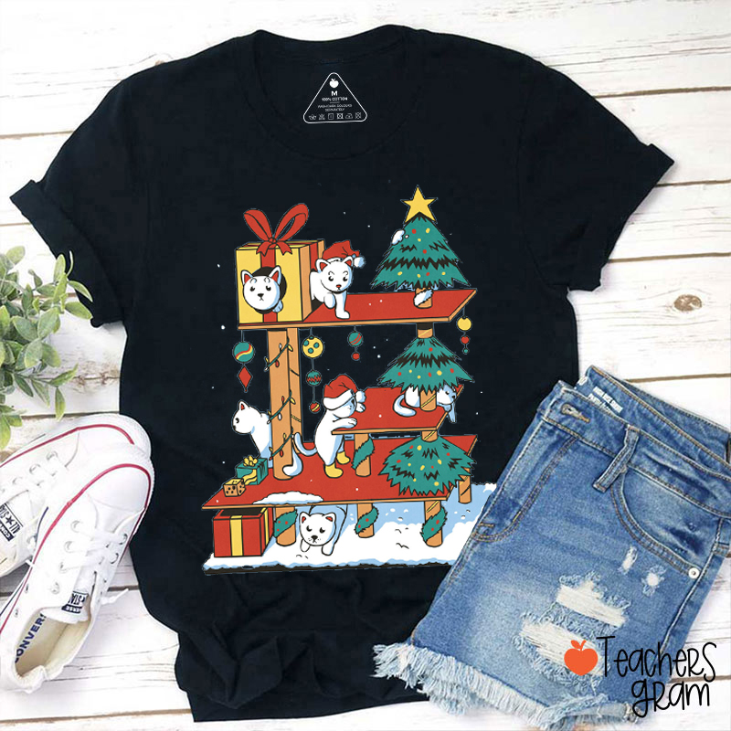 Cats Playing Merry Christmas Teacher T-Shirt