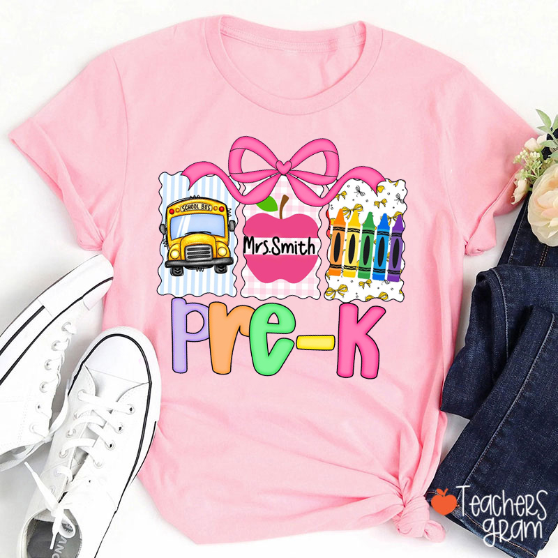 Personalized Grade And Name School Bus And Crayon Teacher T-Shirt