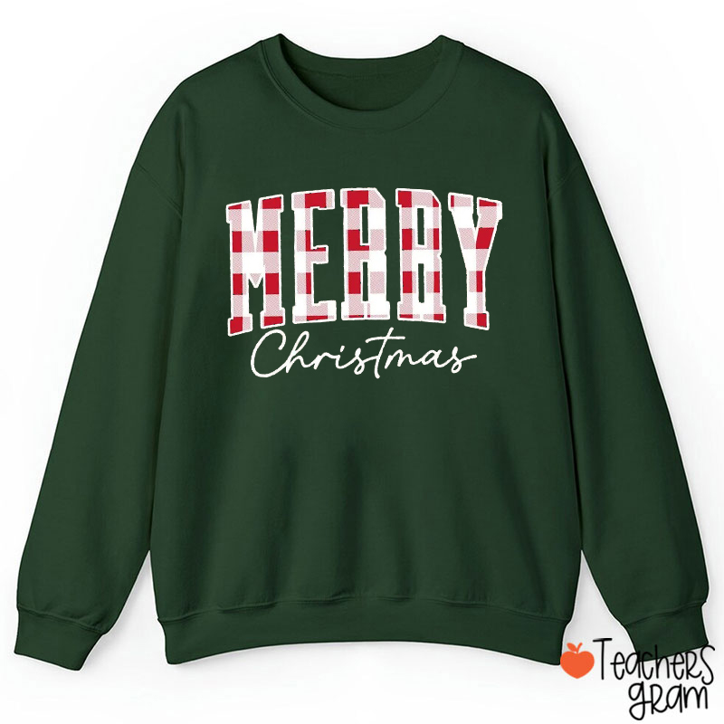 Personalized Merry Christmas Buffalo Plaid Teacher Sweatshirt