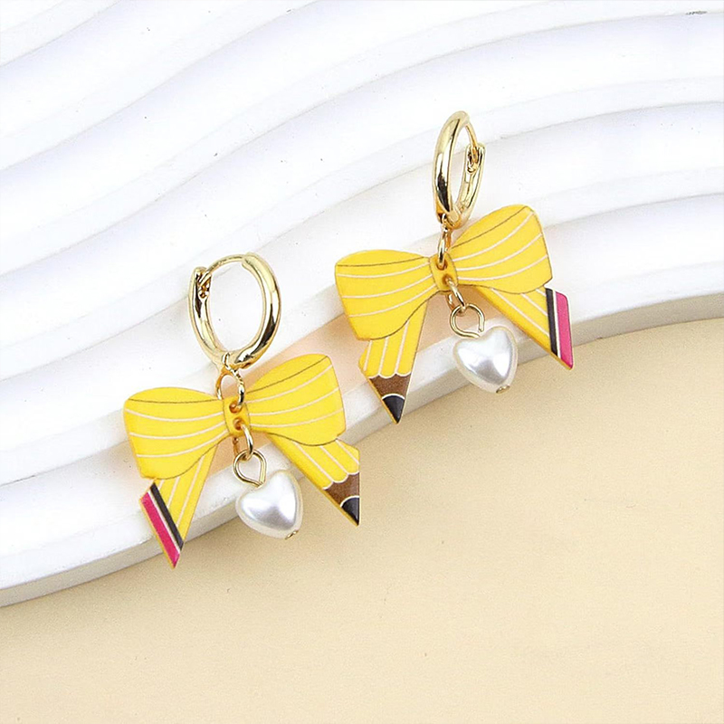 Pencil Bow Love Heart Teacher Metal Earrings