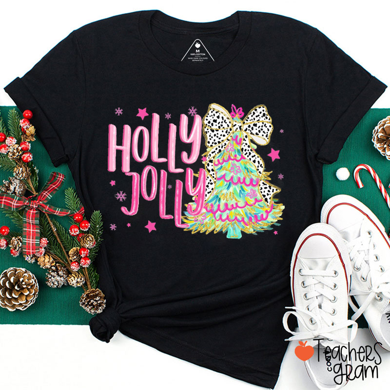 Holly Jolly Bow Christmas Tree Teacher T-Shirt
