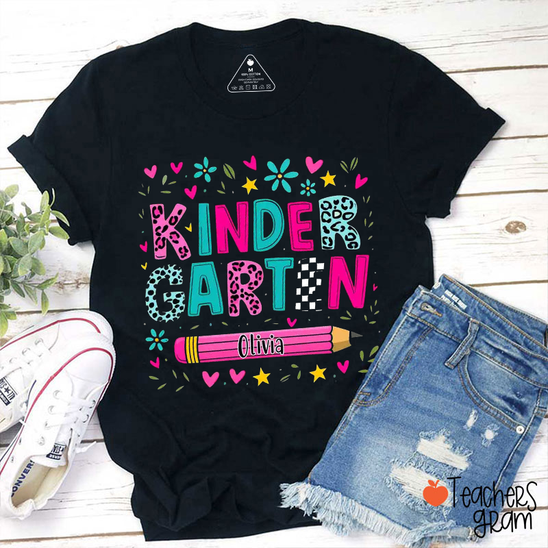Personalized Grade Name Pencil Leopard Print Checkerboard Flower Heart Teacher T-Shirt