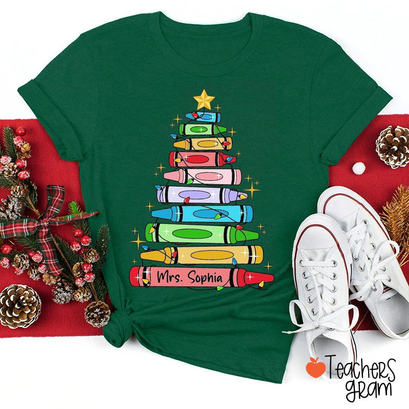 Personalized Name Crayon Christmas Tree Teacher T-Shirt