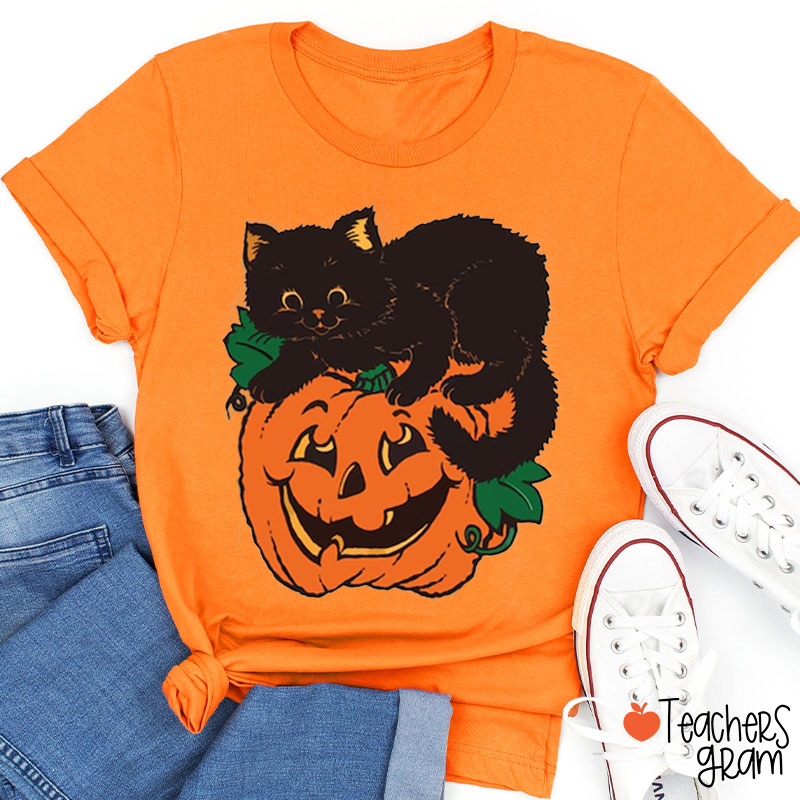 Black Cat On Pumpkin Teacher T-Shirt