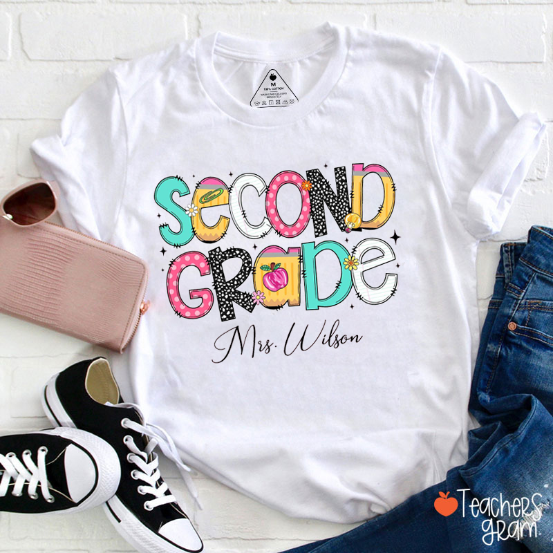 Personalized Grade And Name Pencil Apple Teacher T-Shirt