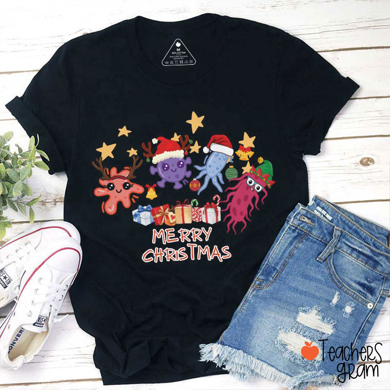 Microbe With Santa Hat Merry Christmas Teacher T-Shirt