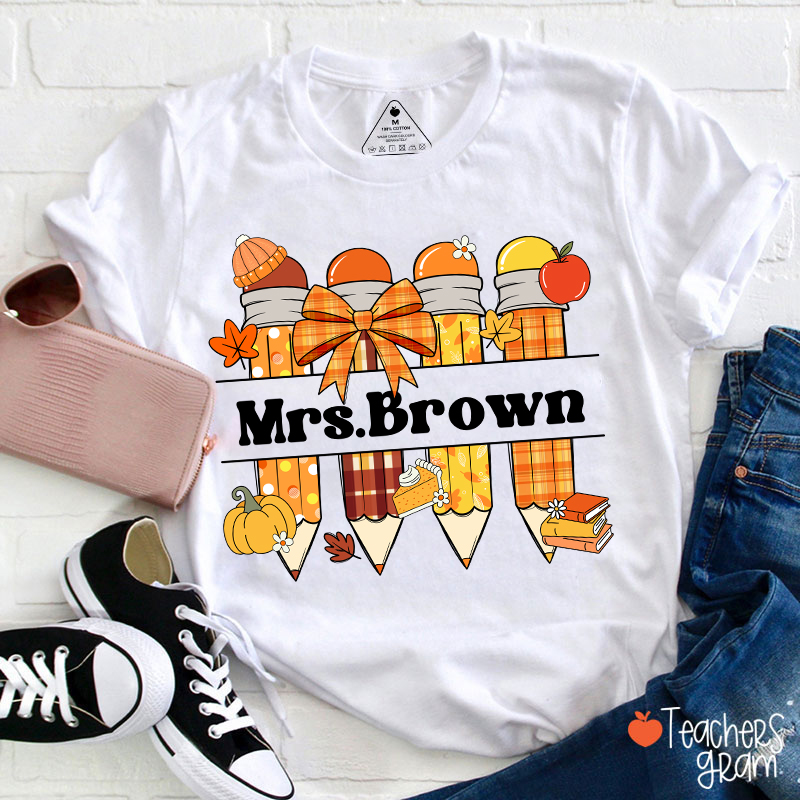 Personalized Name Pumpkin Pencil Teacher T-Shirt