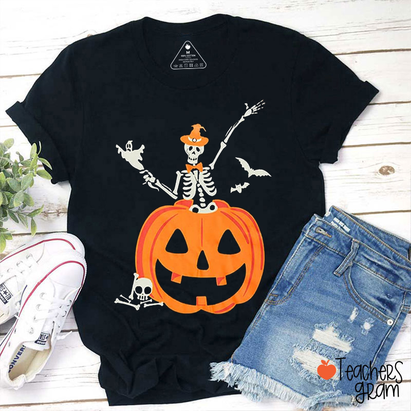 Scary Pumpkin Ghost Bat Halloween Teacher T-Shirt