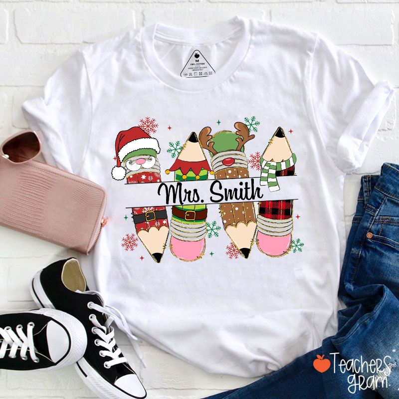 Personalized Name Christmas Pencil Teacher T-Shirt