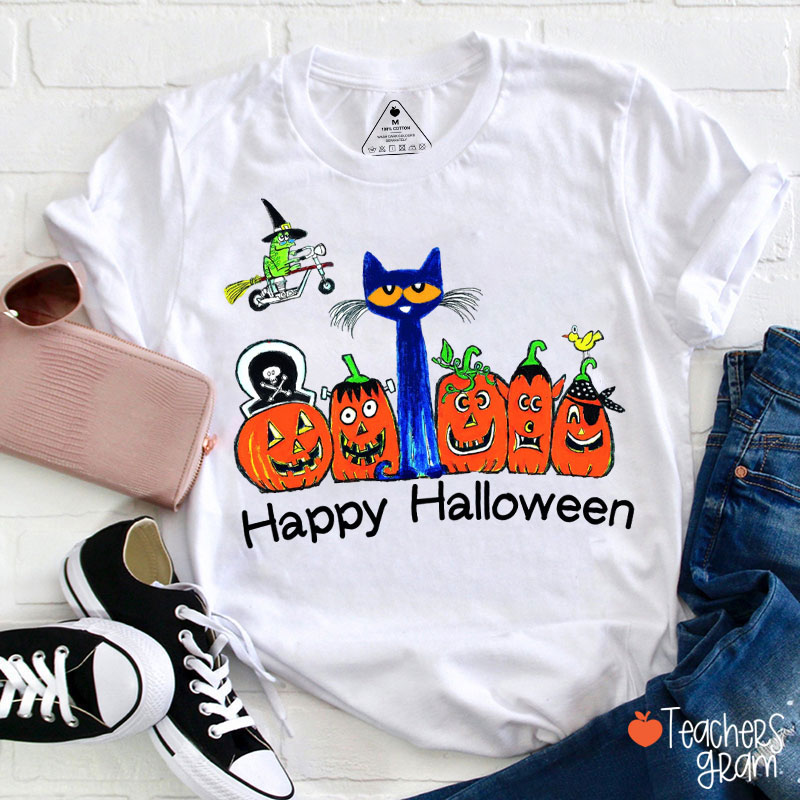 Pumpkin Blue Cat Happy Halloween Teacher T-shirt