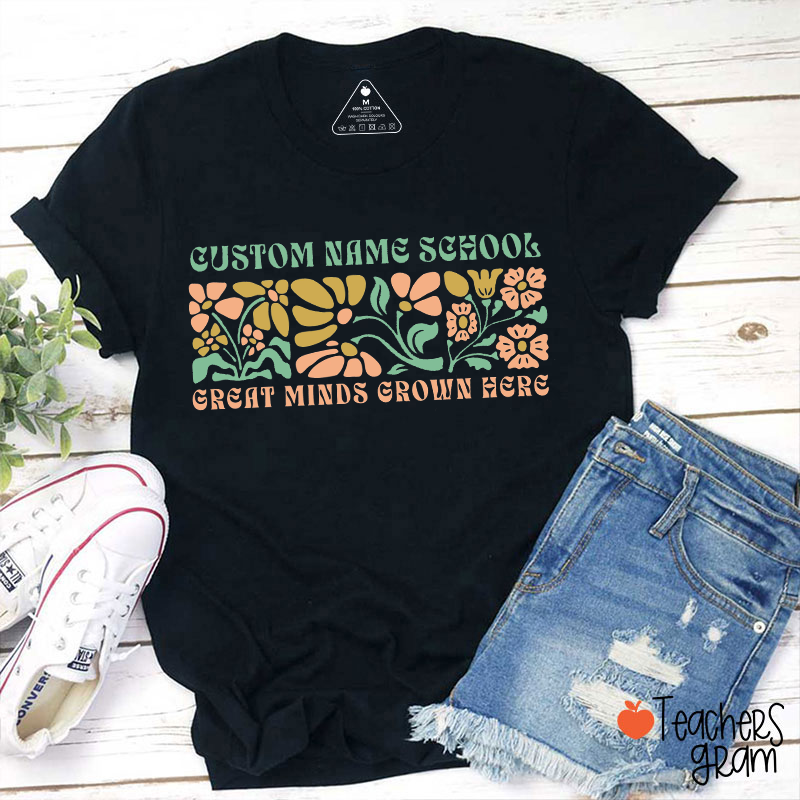 Personalized School Name Grade Flowers Leaves Teacher T-Shirt