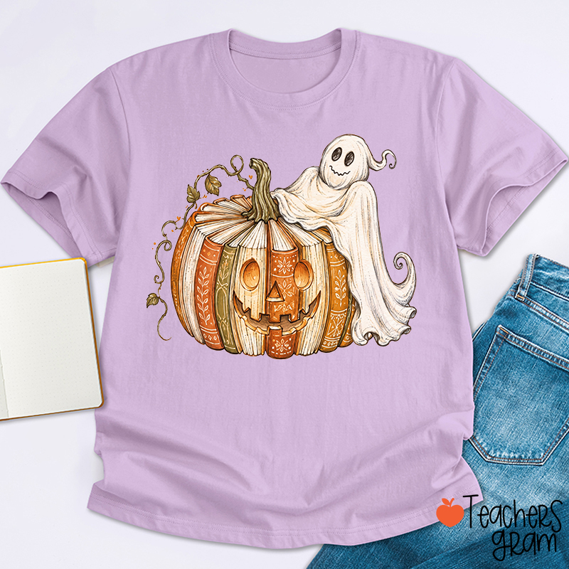 Vintage Book Pumpkin Ghost Halloween Teacher T‑Shirt