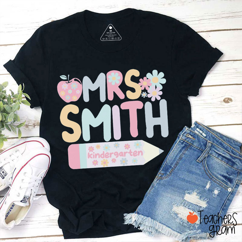 Personalized Grade Name Apple Flower Pencil Teacher T-Shirt