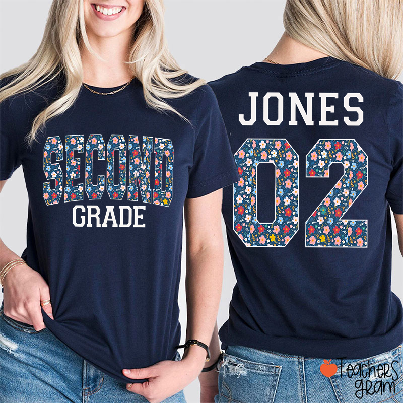 Personalized Grade Name Number Floral Blue Teacher Two Sided T-Shirt