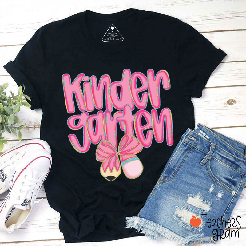 Personalized Grade Pink Fonts Pencil Bow Teacher T-Shirt