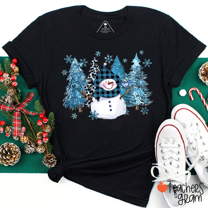Cute Snowman And Christmas Trees Winter Vibes Teacher T-Shirt