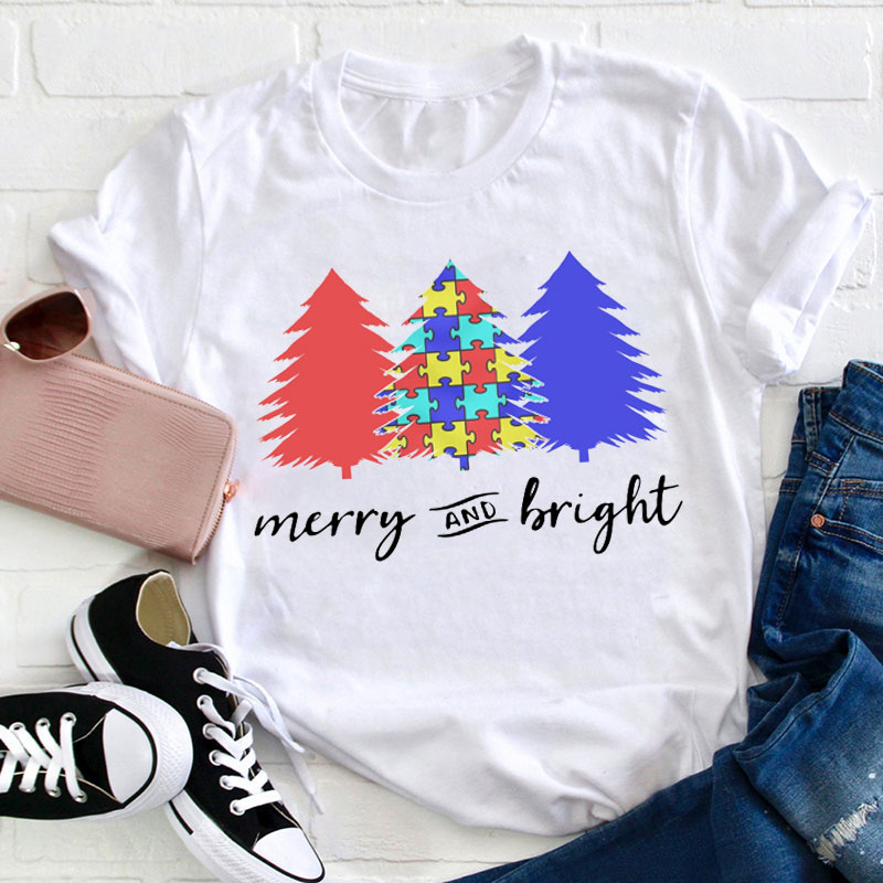 Merry And Bright Colorful Puzzle Teacher T-Shirt