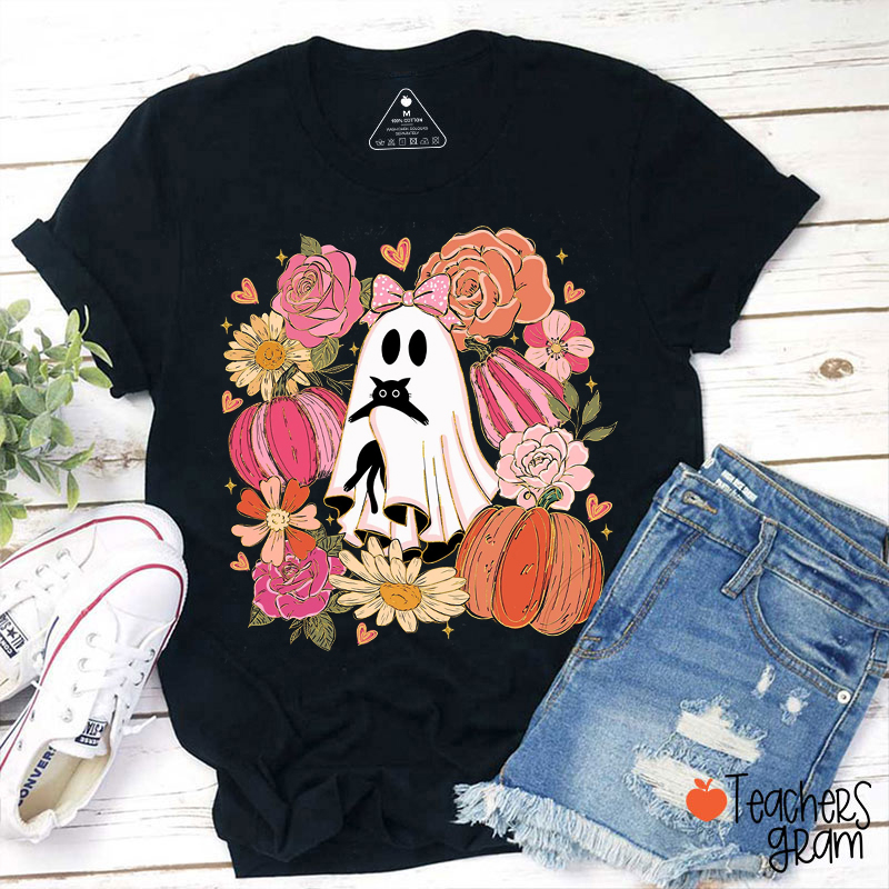 Flower Ghost Black Cat Teacher T-Shirt