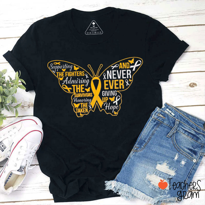 Yellow Butterfly Childhood Cancer Awareness Teacher T-Shirt