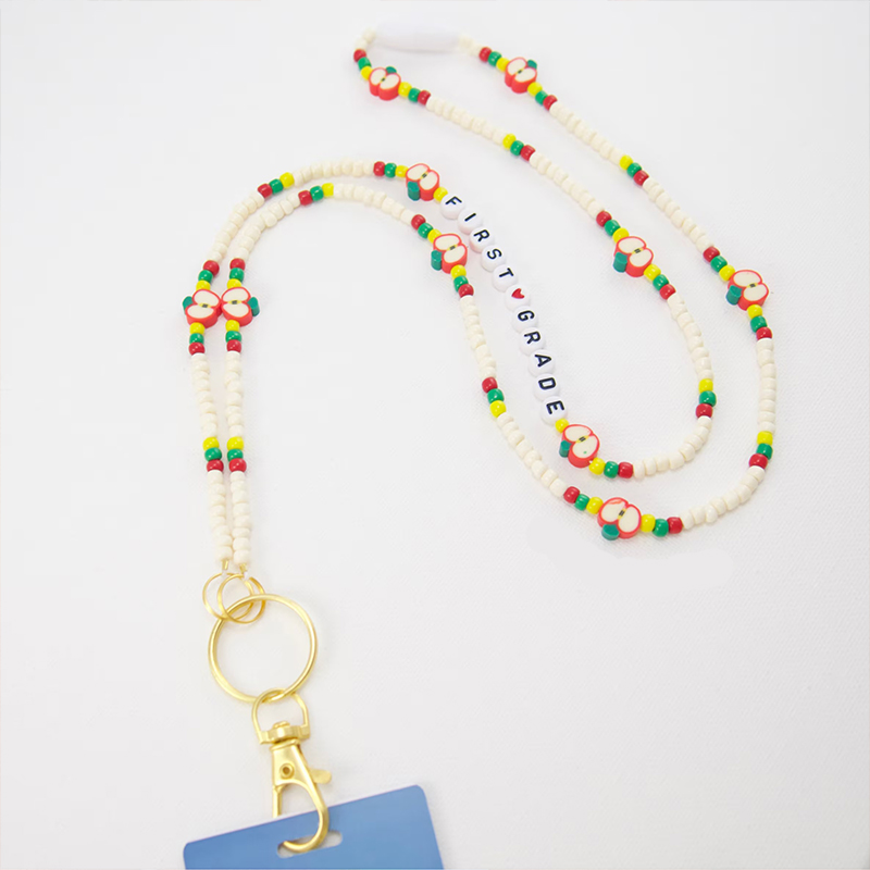 Personalized Beaded Beige And Apple Teacher Lanyard