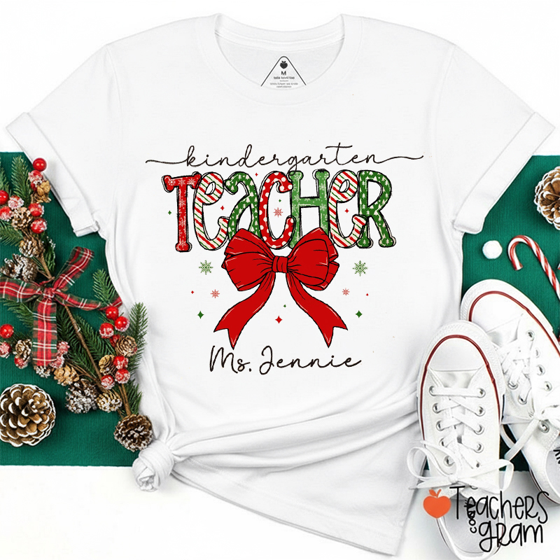 Personalized Grade And Name Coquette Bow Christmas Teacher T-Shirt