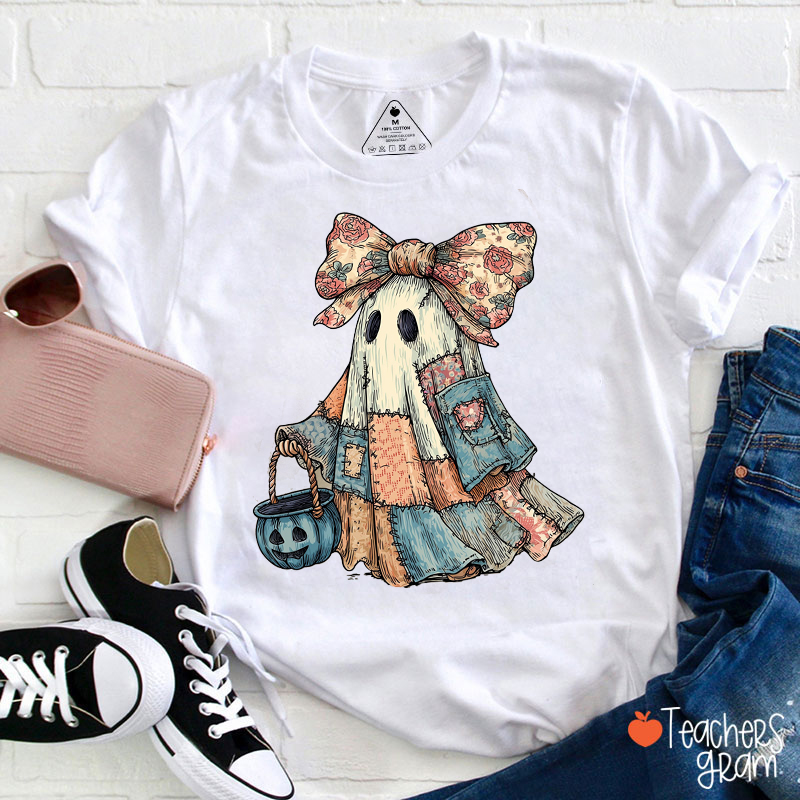 Retro Halloween Blue Denim Ghost Teacher T-Shirt