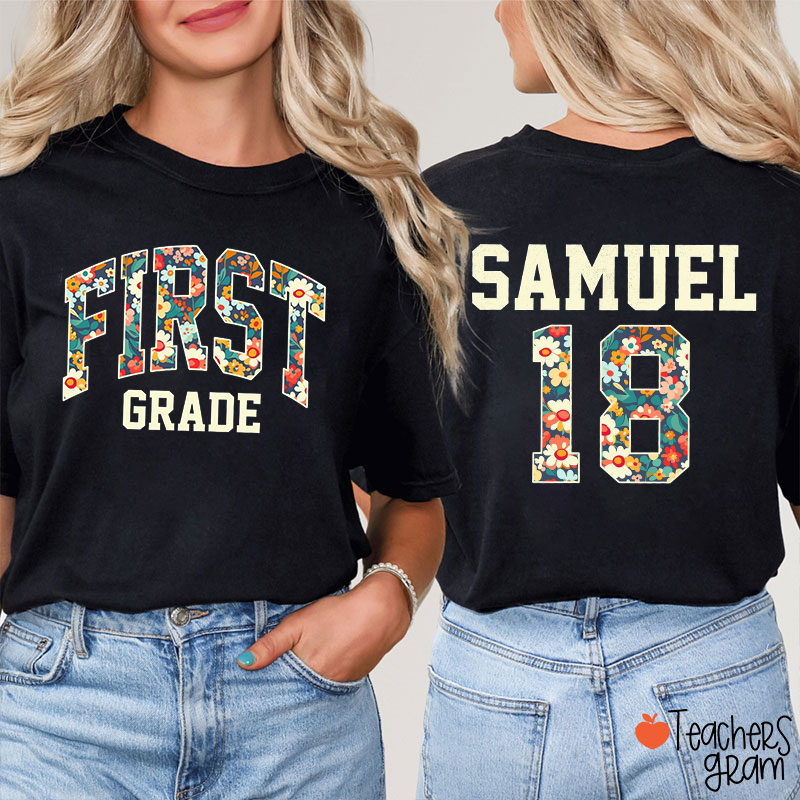 Personalized Grade Number Flower Blue Teacher Two Sided T-Shirt