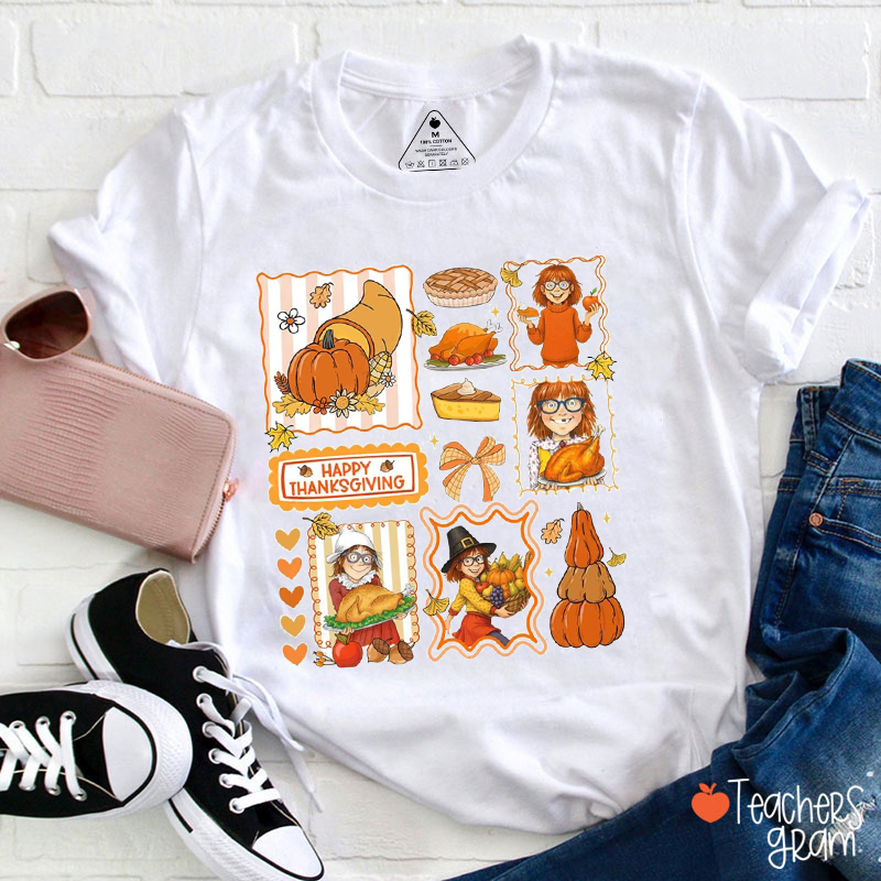Happy Thanksgiving Cartoon Character Turkey Pumpkin Teacher T-Shirt
