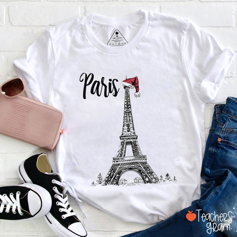 Eiffel Tower With Santa Hat French Teacher T-Shirt