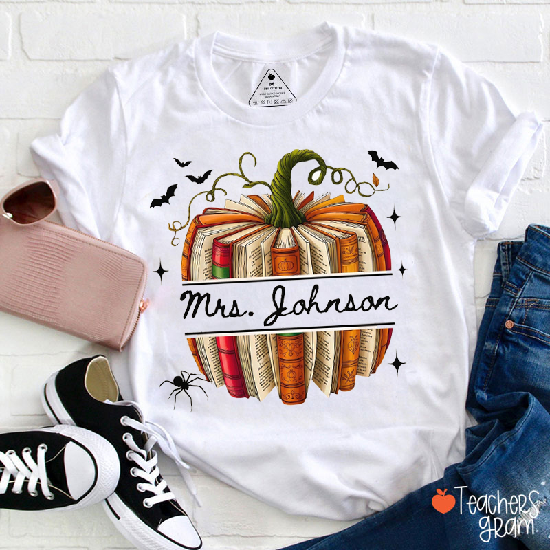 Personalized Name Pumpkin Book Teacher T-Shirt