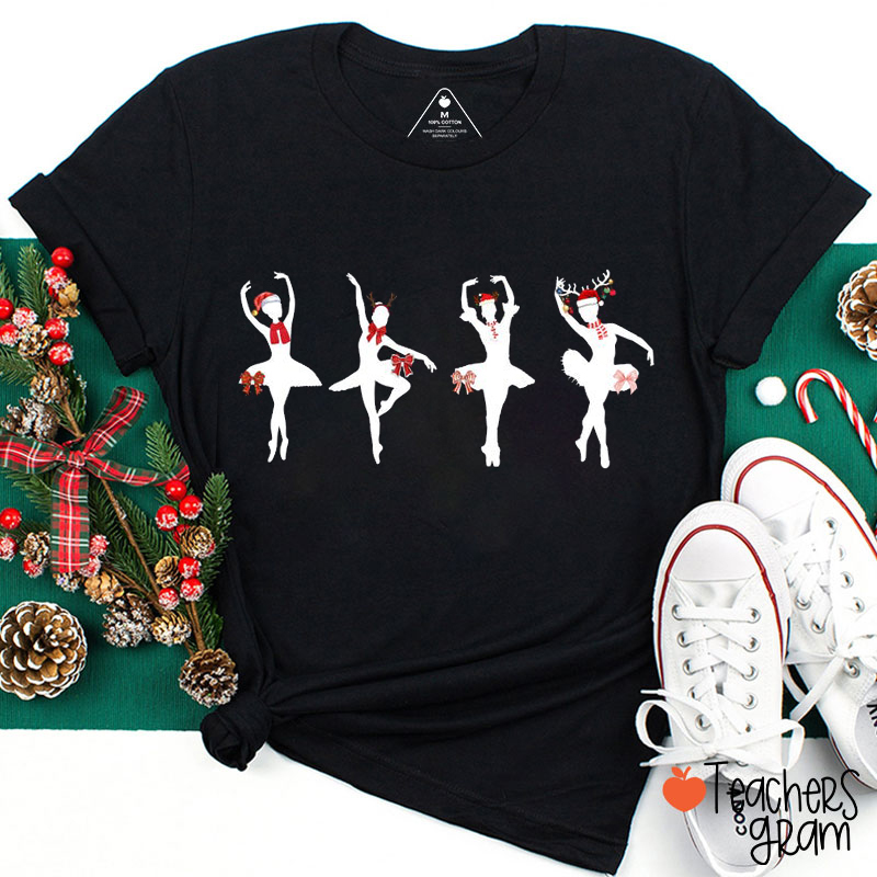 Dancer With Santa Hat And Reindeer Horns Teacher T-Shirt