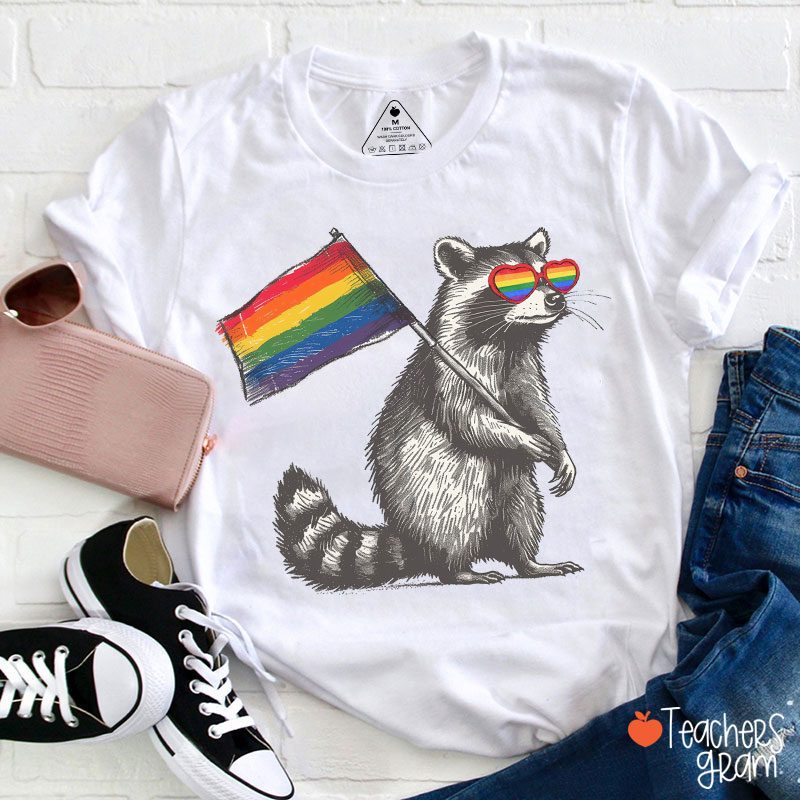 Funny Raccoon Rainbow Flag Pride Teacher T-Shirt