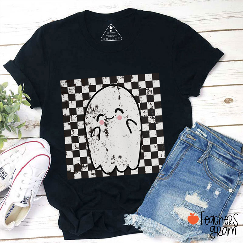 Halloween Checkered Ghost Teacher T-Shirt