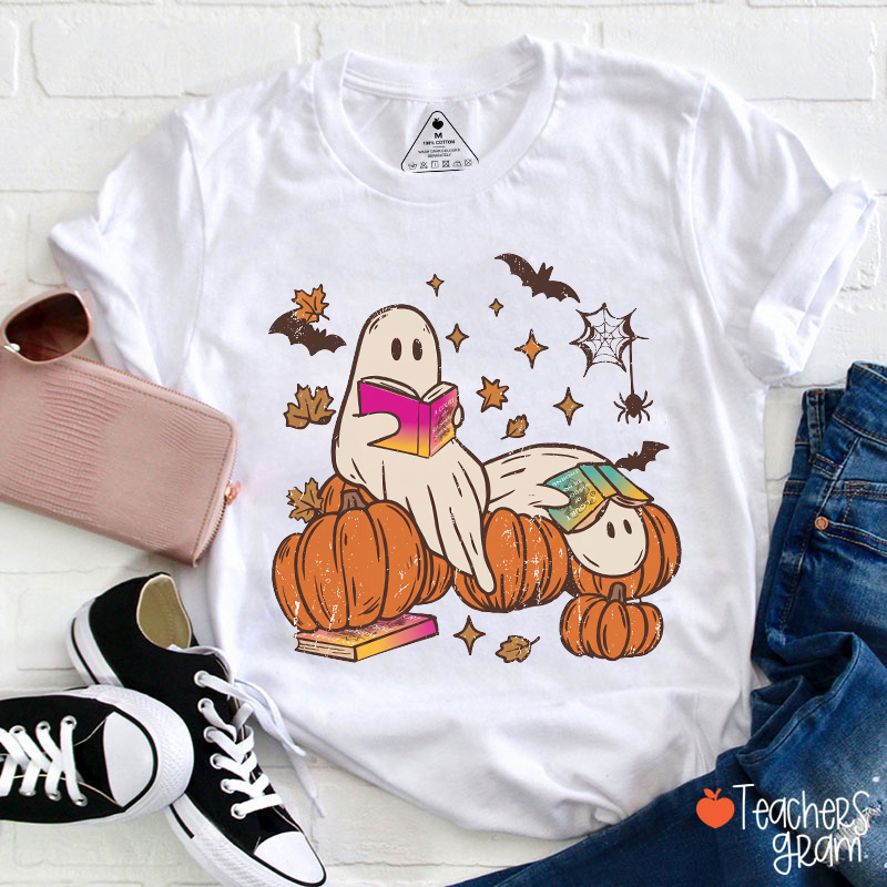Bookish Ghosts On Pumpkins Teacher T-Shirt