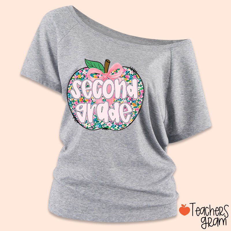 Personalized Grade Flowers Apple Teacher Off Shoulder Shirt